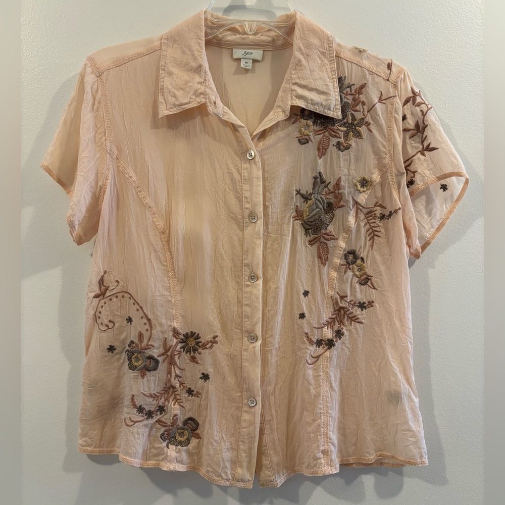 J Jill Vintage Sheer Appliquéd Blouse Light Apricot M